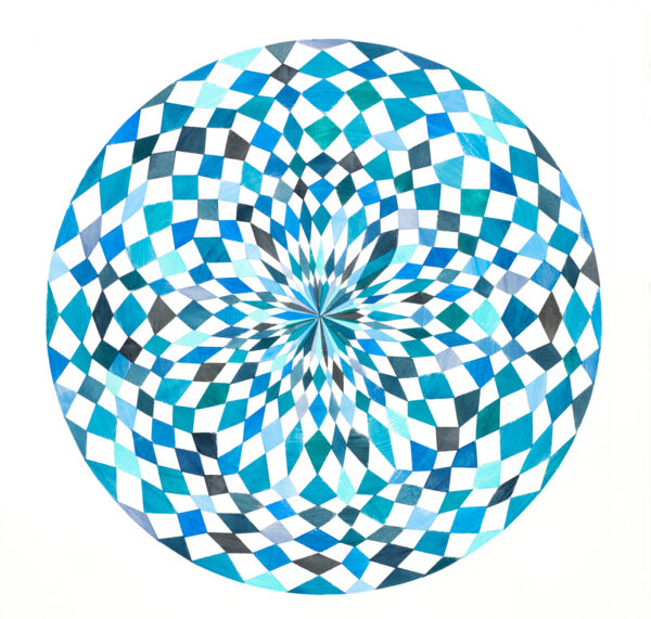 Potato print artwork of a circle made from diamond shapes radiating from the center, in beautiful blue hues on a white background