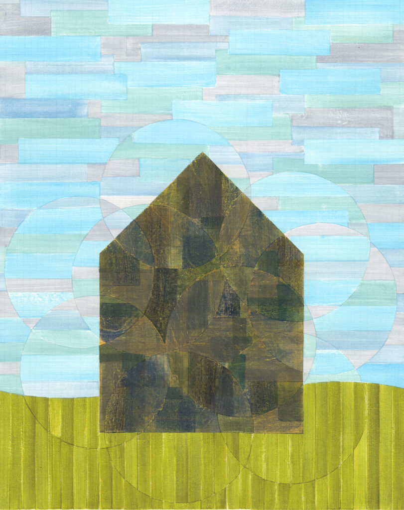 Artwork with dark house shape centered with green at bottom and abstracted blue sky by Tracy Simpson
